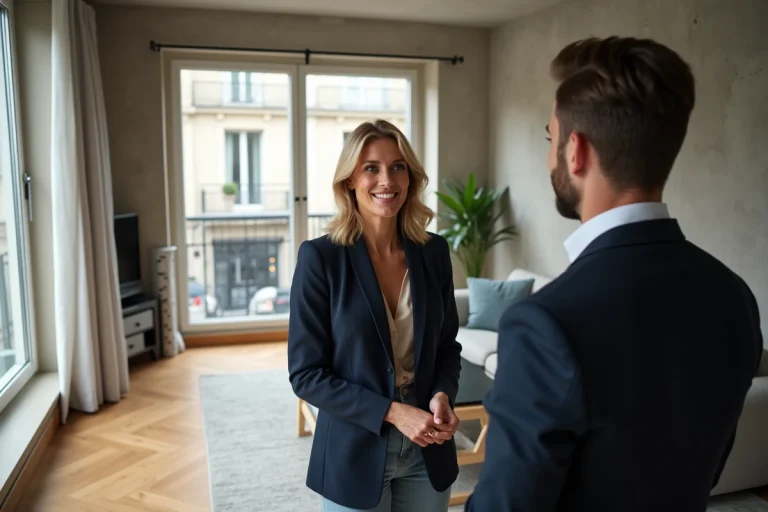 Agent immobilière présentant un appartement moderne parisien à un jeune couple acheteur