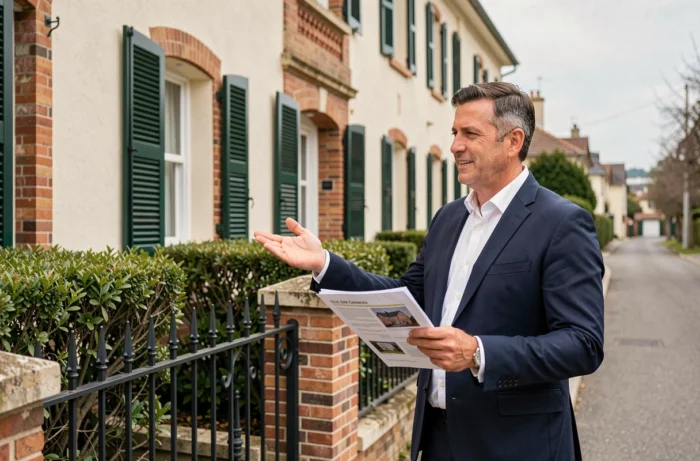Agent immobilier devant une villa bourgeoise typique du Vésinet, illustrant l'impact de la proximité du RER A sur les prix de l'immobilier résidentiel