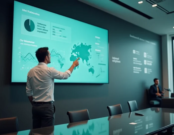 Professionnel du numérique présentant une conférence sur la transformation digitale dans une salle de réunion moderne