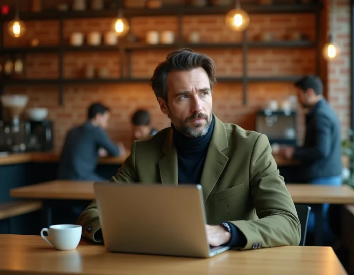 Entrepreneur du monde numérique travaillant en nomade dans un café contemporain, reflétant l'impact d'Antoine Pésery dans l'écosystème digital