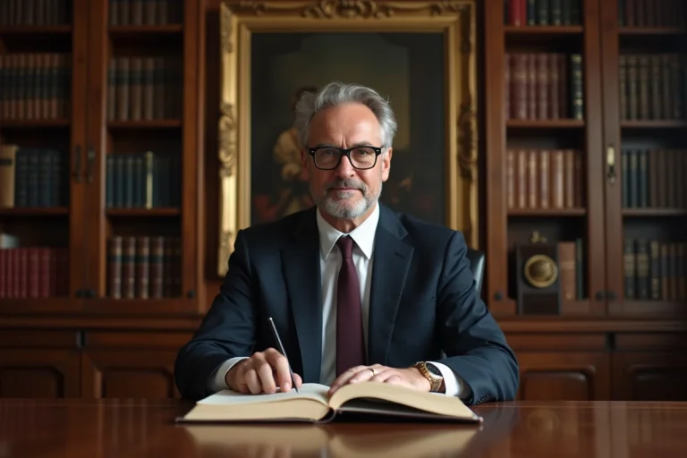 Avocat homme en costume lisant un code civil dans son bureau