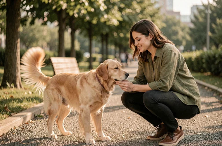 Femme bienveillante caressant un golden retriever dans un parc urbain verdoyant, illustrant le bien-être animal au quotidien