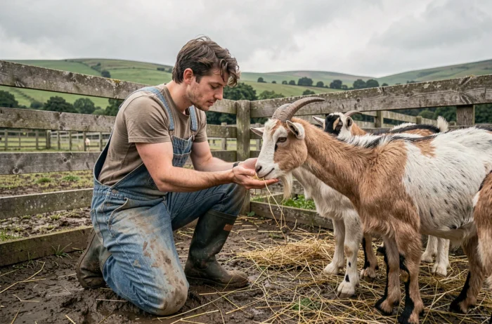 Jeune agriculteur nourrissant des chèvres dans une ferme biologique rustique, illustration du respect et du bien-être des animaux d'élevage