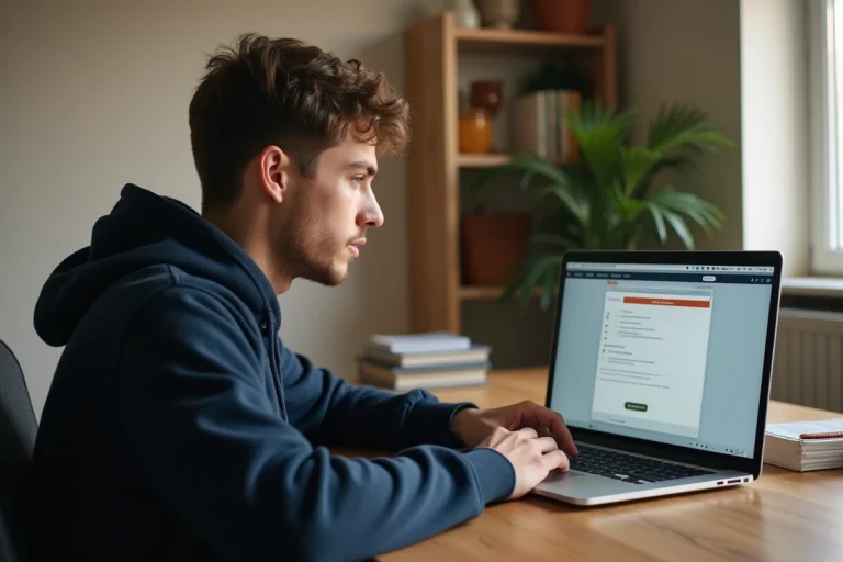 Jeune homme passant le BSR en ligne sur son ordinateur portable depuis son bureau à domicile
