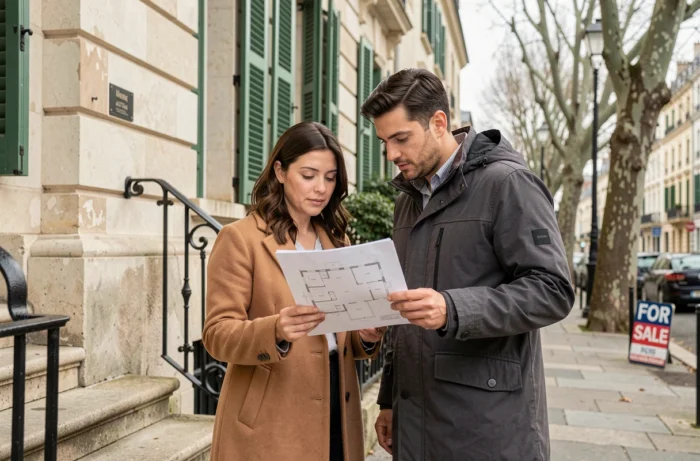Couple consultant un plan de maison devant une propriété à vendre au Vésinet, symbolisant l'attrait immobilier lié à la desserte par le RER A