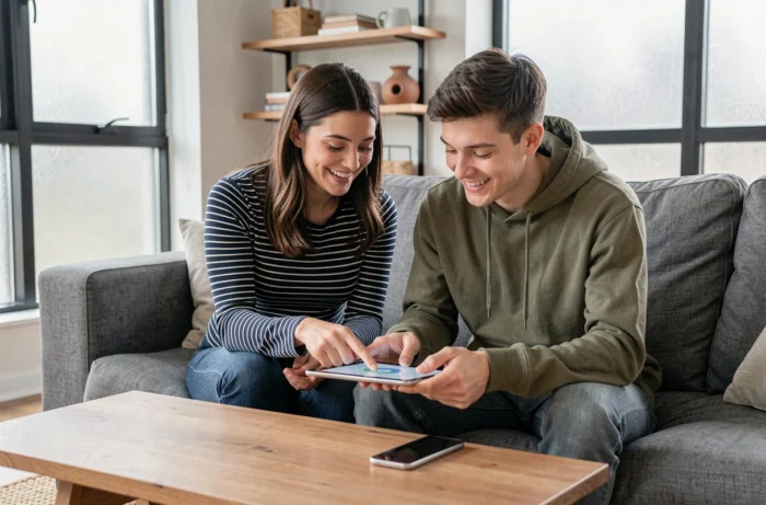 Couple de jeunes adultes consultant une application d'épargne ensemble sur une tablette dans leur salon