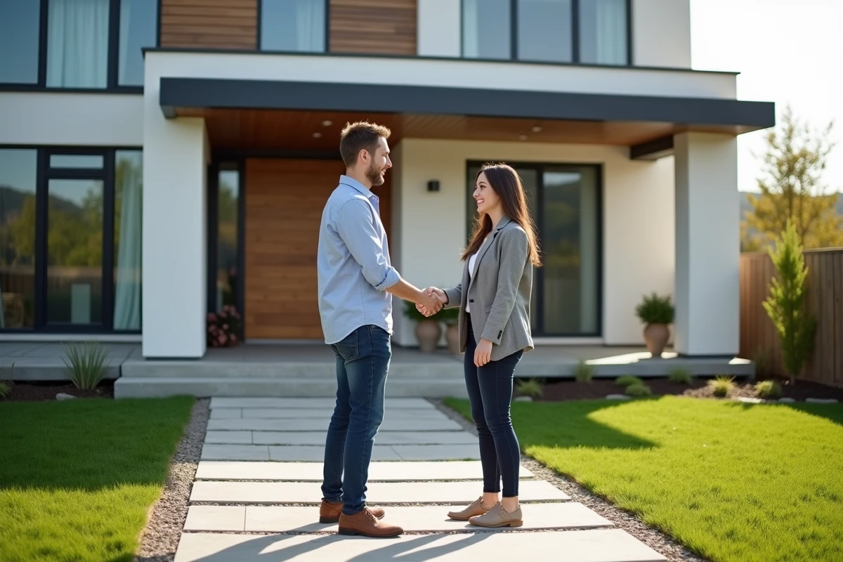 Jeune couple souriant devant une maison moderne neuve
