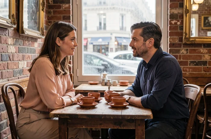 Couple partageant un moment intime dans un bistro parisien, ambiance vie privée et rumeurs de mariage