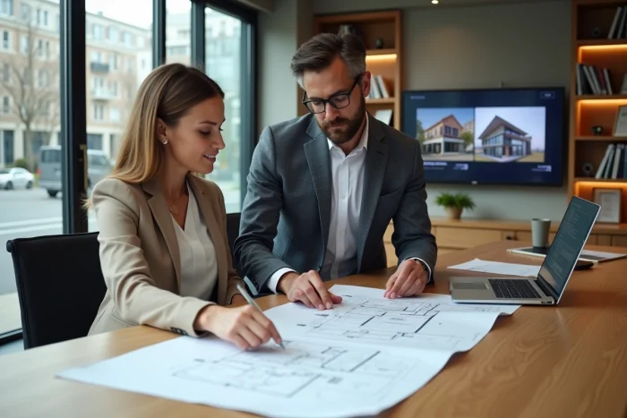 Couple de professionnels examinant des plans architecturaux dans une agence immobilière moderne pour leur projet immobilier