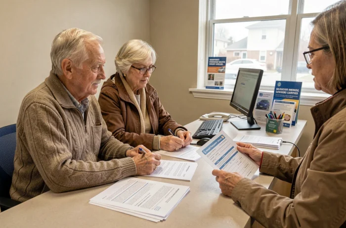 Couple de retraités faisant une demande de carte de transport senior en mairie