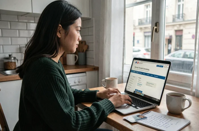 Jeune femme effectuant les démarches en ligne pour corriger une erreur sur son titre de séjour