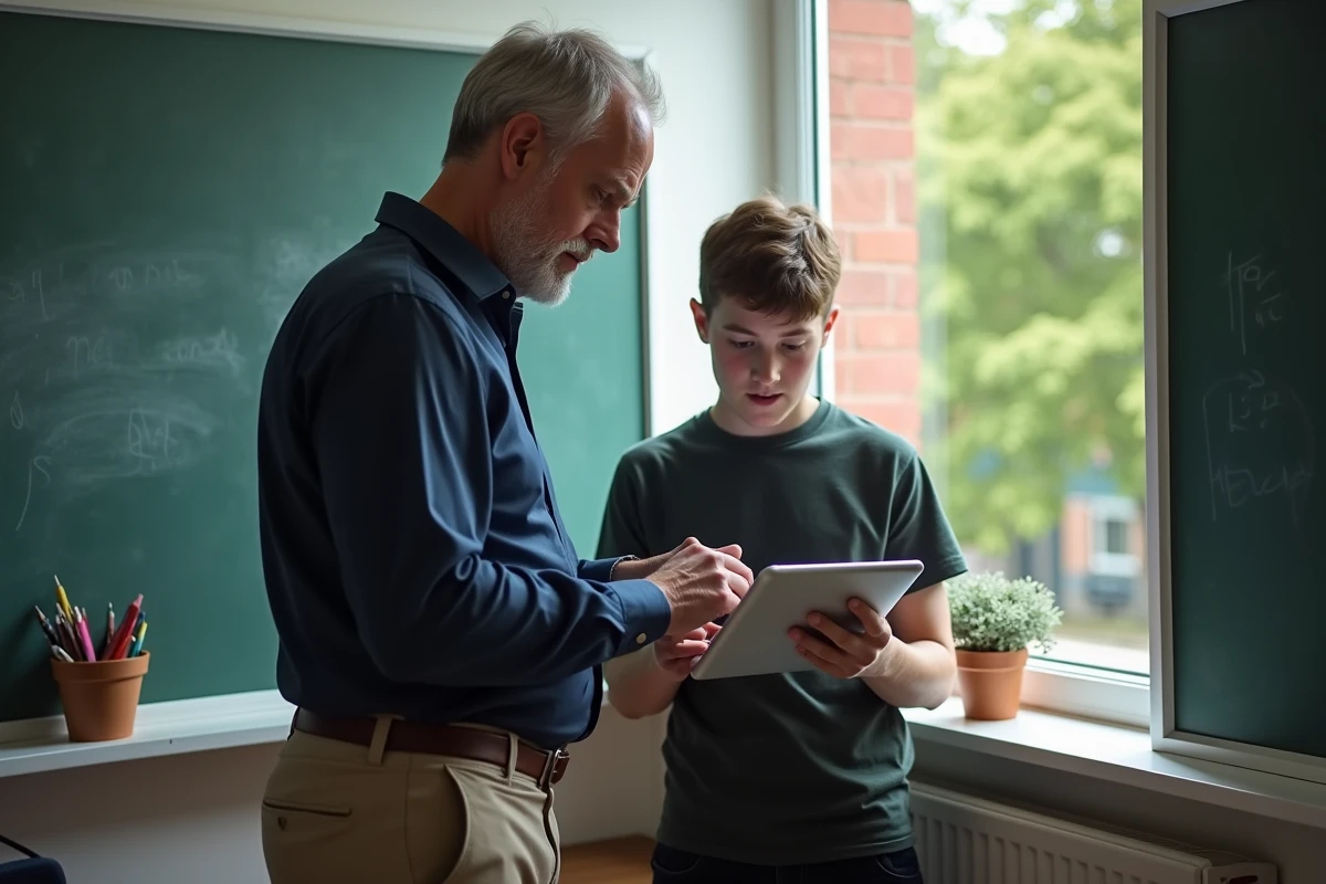 Enseignant aidant un élève à remplir un formulaire en classe