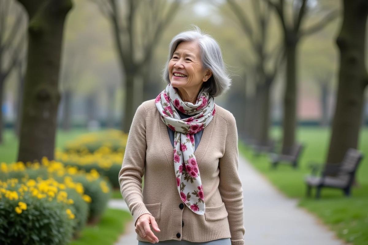 Femme de 70 ans marchant dans un parc au printemps