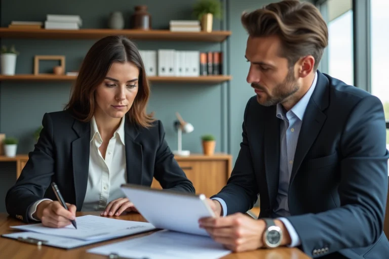 Femme d'affaires examinant des documents immobiliers dans un bureau moderne