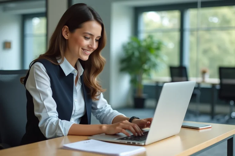 Jeune femme analysant des données sur un ordinateur au bureau