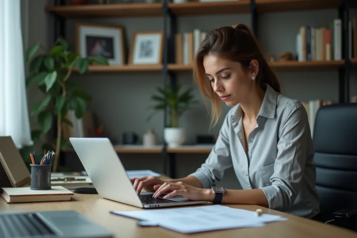 Femme concentrée dans son bureau à domicile en train de lire une lettre