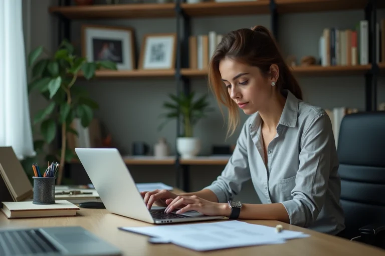 Femme concentrée dans son bureau à domicile en train de lire une lettre