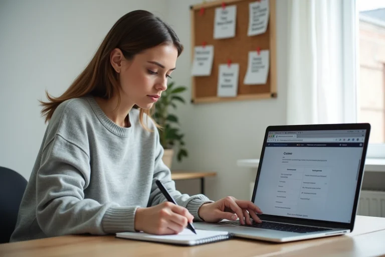 Femme concentrée prenant des notes devant un ordinateur portable dans un bureau moderne pour optimiser son expérience web