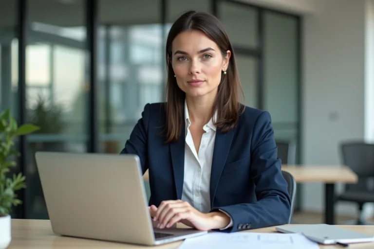 Femme en bureau moderne avec ordinateur et papiers
