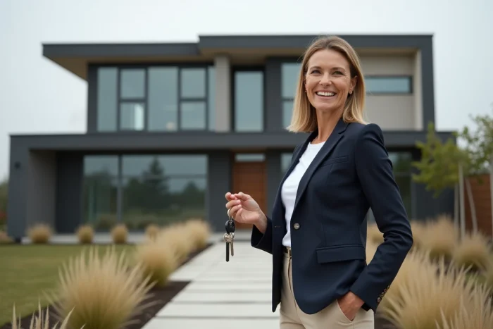 Femme souriante tenant des clés devant une maison neuve contemporaine après l'acquisition de son bien immobilier