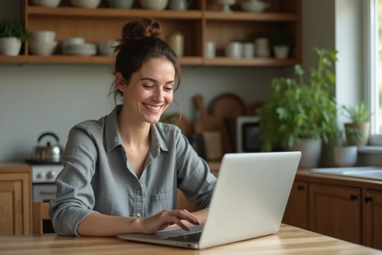 Femme consultant un wiki de conseils pour la maison sur son ordinateur portable dans une cuisine en bois moderne