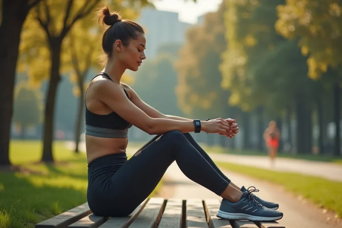 Jeune femme en tenue de sport s'étire dans un parc urbain