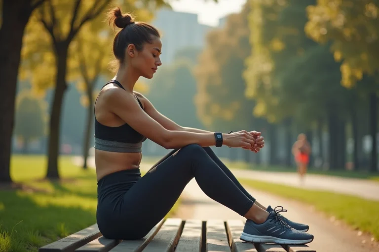 Jeune femme en tenue de sport s'étire dans un parc urbain