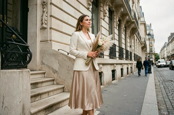 Femme élégante en tenue de mariage devant une architecture haussmannienne parisienne, bouquet de fleurs séchées