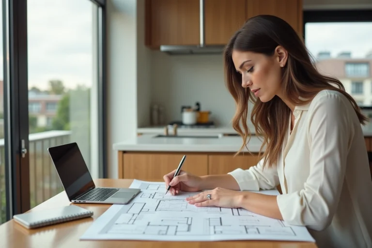 Femme professionnelle examinant des documents immobiliers dans une cuisine moderne