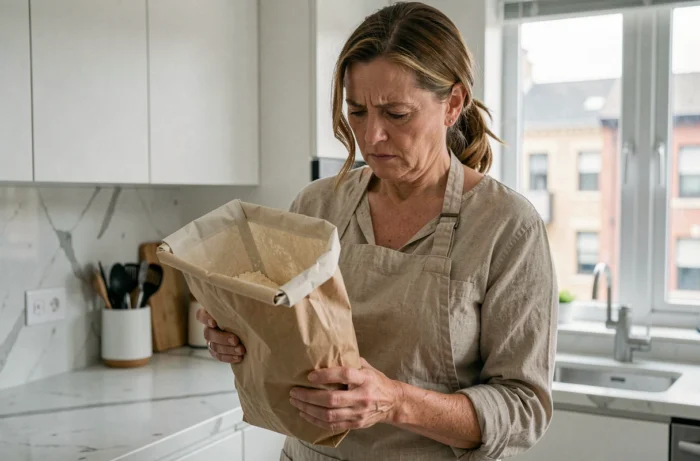 Femme examinant un sac de farine ouvert dans une cuisine moderne avec une expression préoccupée