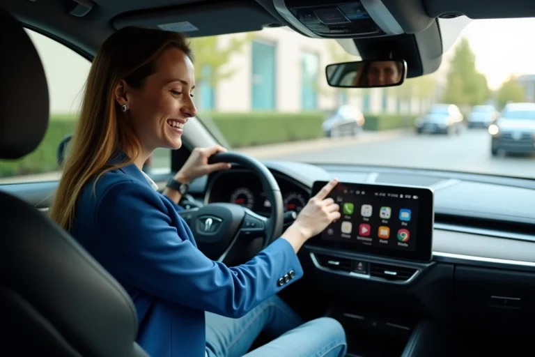 Femme souriante utilisant un tableau de bord tactile dans une voiture moderne