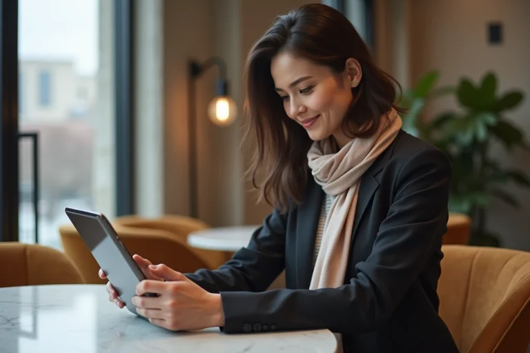 Femme élégante utilisant une tablette dans un loft moderne
