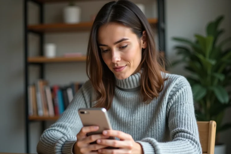 Femme consultant un numéro de téléphone portable 06 inconnu sur son smartphone assis à un bureau à domicile