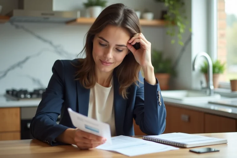Femme en blazer bleu examine ses relevés bancaires