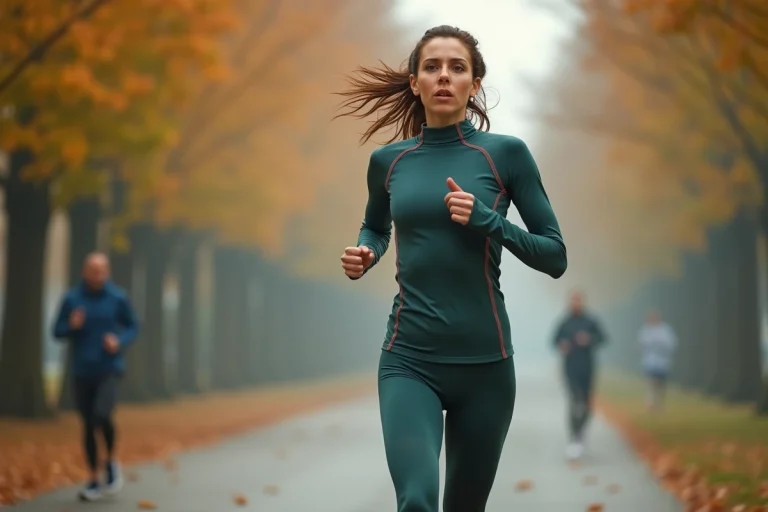 Femme athlétique en train de courir sur un chemin urbain au milieu des arbres en automne, tenue de sport ajustée, expression concentrée et déterminée