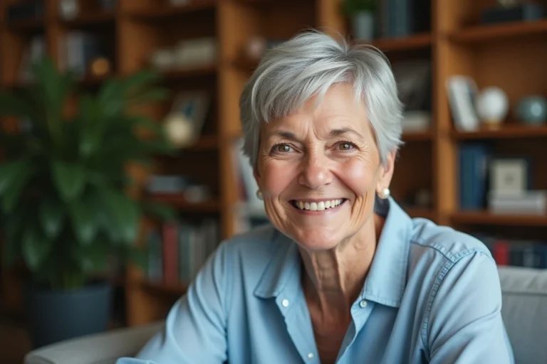 Femme de 70 ans souriante avec coupe pixie en intérieur