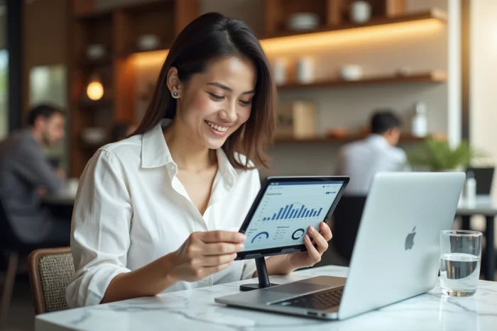 Jeune femme consultant un tableau de bord d'optimisation web sur une tablette dans un café moderne