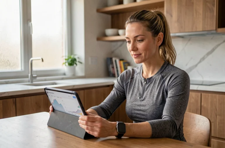 Femme consultant ses données de santé sur une tablette connectée avec une montre intelligente au poignet dans une cuisine moderne