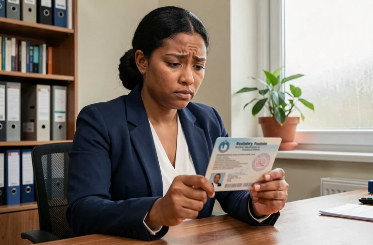 Femme examinant attentivement son titre de séjour pour détecter une erreur administrative