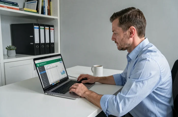 Homme travaillant sur un tableau de bord de finances personnelles sur ordinateur portable dans un bureau à domicile