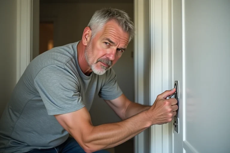 Homme fixant une cheville à expansion dans une porte creuse pour poser une patère