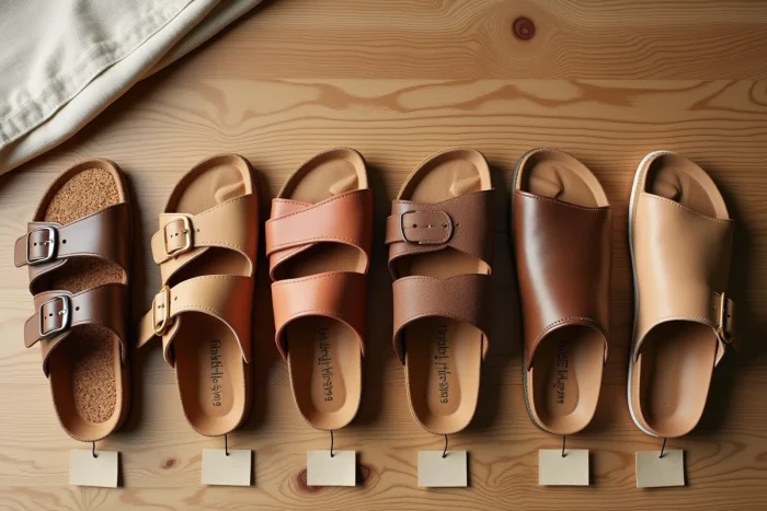 Vue à plat de plusieurs sandales de marques alternatives à Birkenstock sur une surface en bois brut