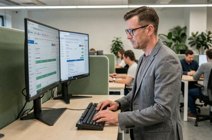 Freelance masculin gérant ses démarches AFFUMT sur un poste informatique dans un espace de coworking
