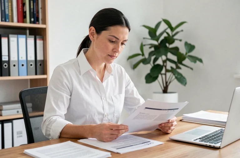 Freelance femme consultant examinant des documents administratifs AFFUMT à son bureau à domicile