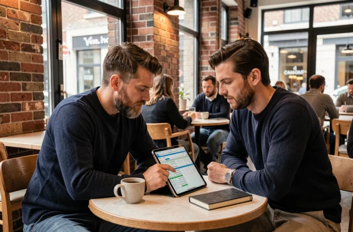 Deux freelances discutant de la stratégie AFFUMT autour d'une tablette dans un café urbain