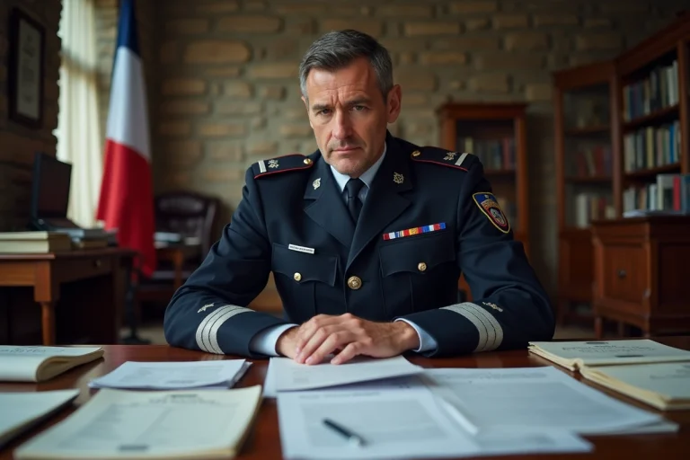 Gendarme en uniforme consultant un dossier de mutation administrative dans un bureau de brigade