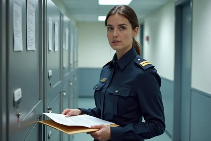 Gendarme femme tenant un ordre de mutation dans le couloir d'un commandement de gendarmerie
