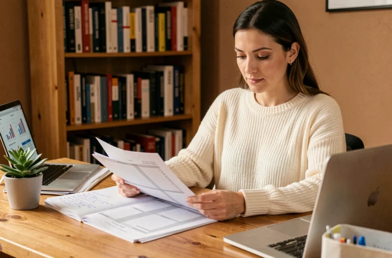 Femme qui gère son budget personnel à son bureau à domicile avec des feuilles de calcul imprimées et un ordinateur portable