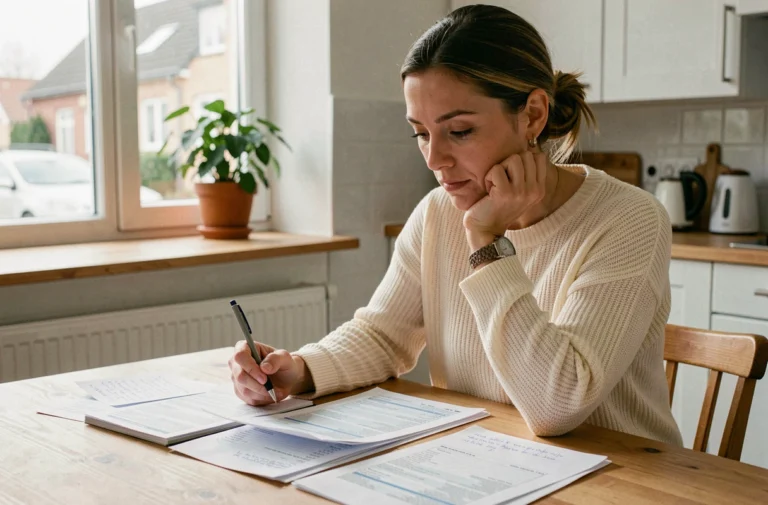 Femme consultant son budget personnel à la table de cuisine avec des relevés bancaires et des notes financières