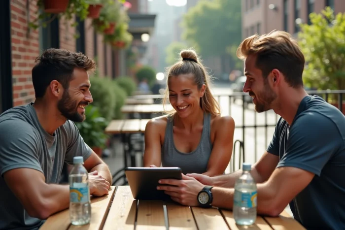 Groupe de trois athlètes en tenue de sport assis à une terrasse de café, consultant un plan d'entraînement sur tablette après une session sportive